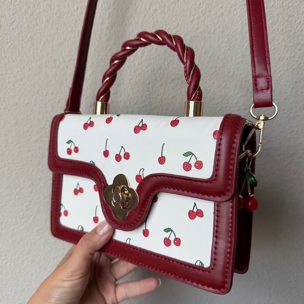 Cherry Print Top Handle Crossbody Handbag in Red White NEW - Picture 2 of 8